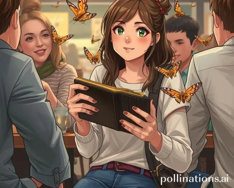 Mia surrounded by friends at a cafe, holding a wallet with moths flying out