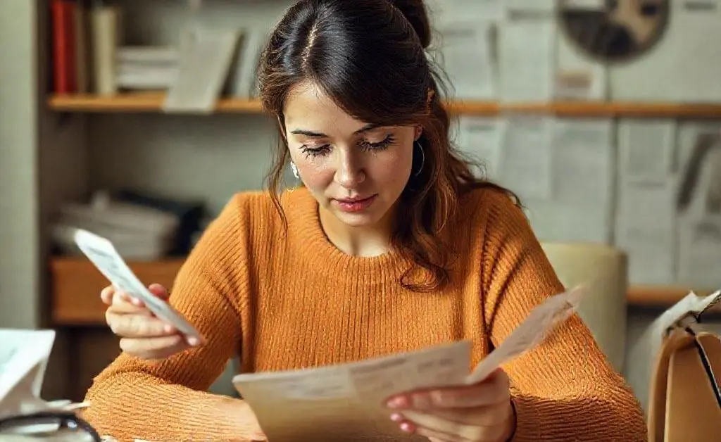 The woman begins calculating her purchase history, surrounded by receipts and coffee
