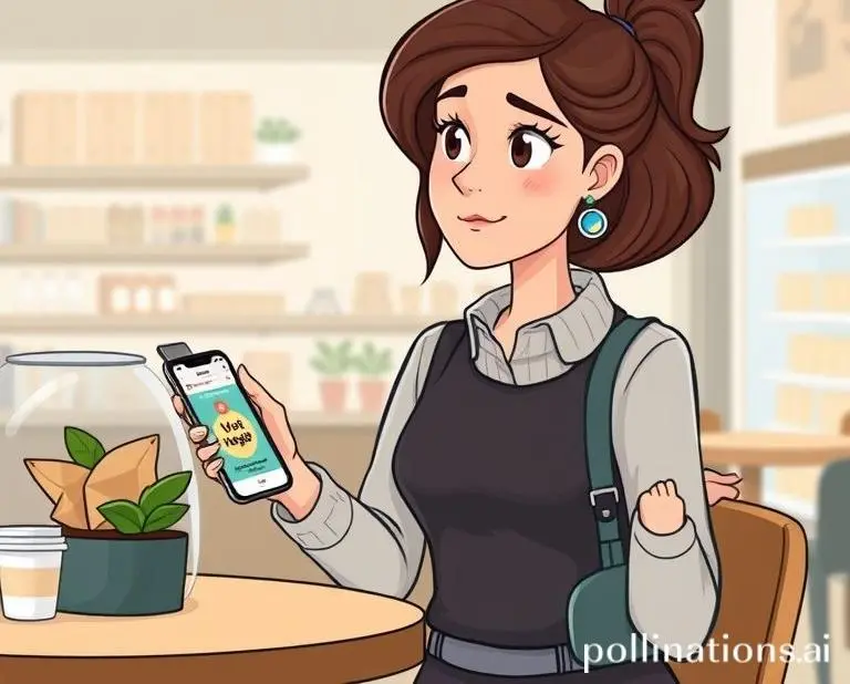 A woman in a coffee shop, considering a purchase while her phone displays a budget alert