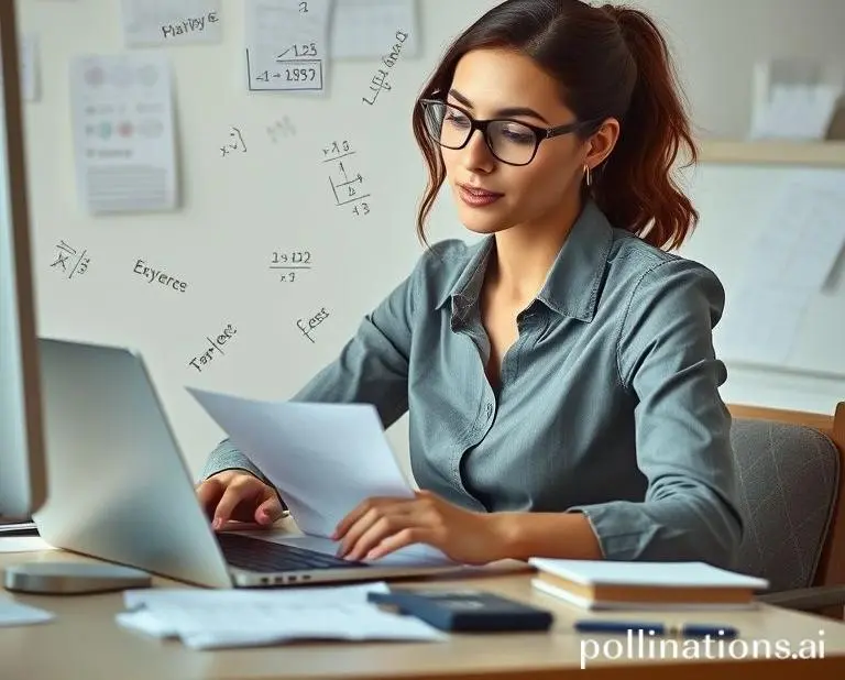 Mia at her desk with math formulas floating around her, trying to calculate expenses