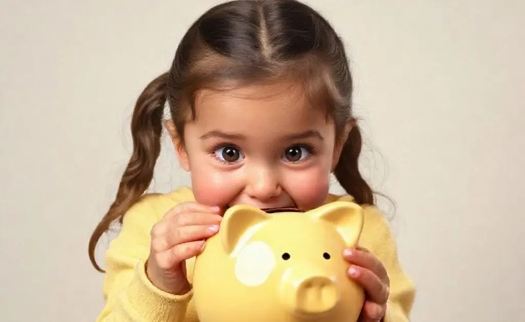 Mia holding a piggy bank, peeking inside with surprise