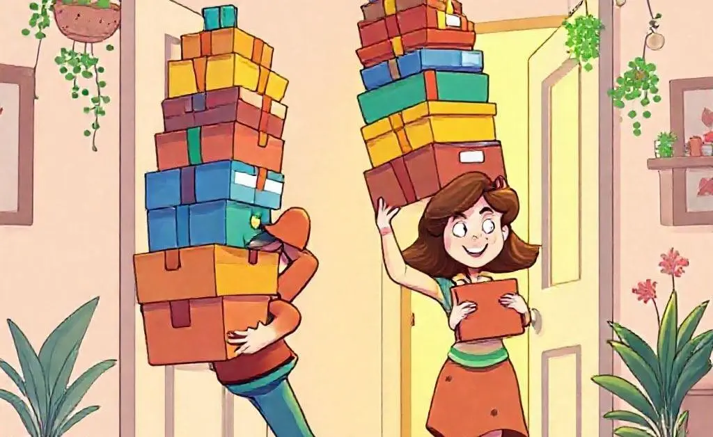 A cartoon of a delivery person struggling to carry numerous packages to a surprised woman