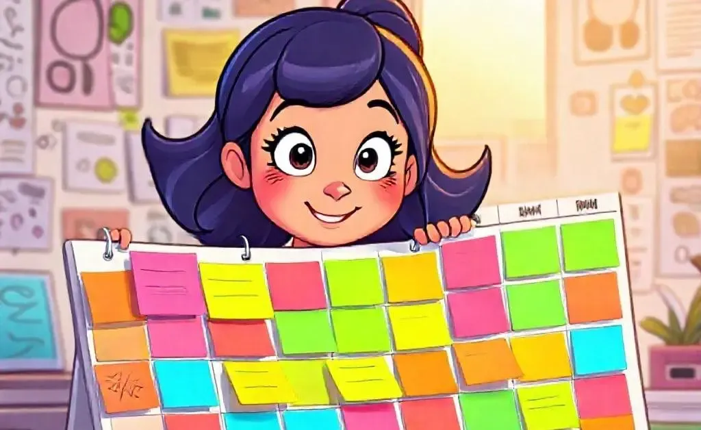 Cartoon Mia arranging colorful sticky notes on a large calendar