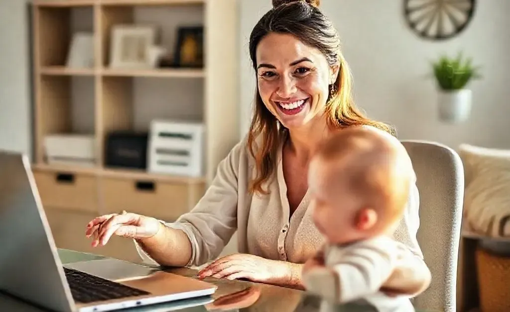 Woman confidently clicking checkout button on laptop with baby steps