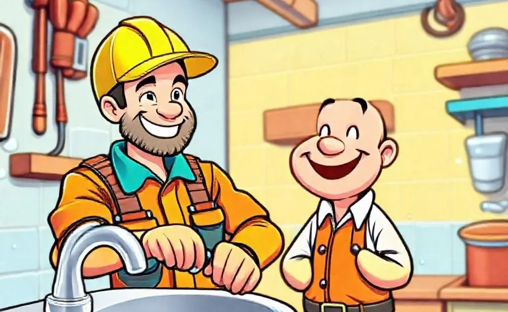 Cartoon repairman fixing the sink with efficiency as Bob looks relieved