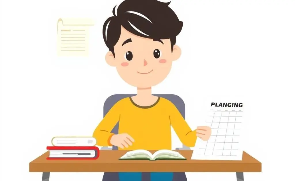 A cartoon character determinedly sitting at a desk, working on a budget plan, with various everyday items around