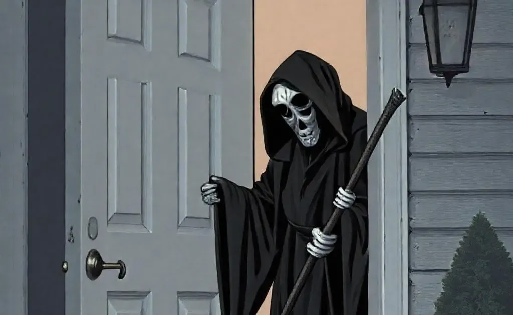 A humorous scene with a debt collector dressed theatrically as Grim Reaper knocking at the door