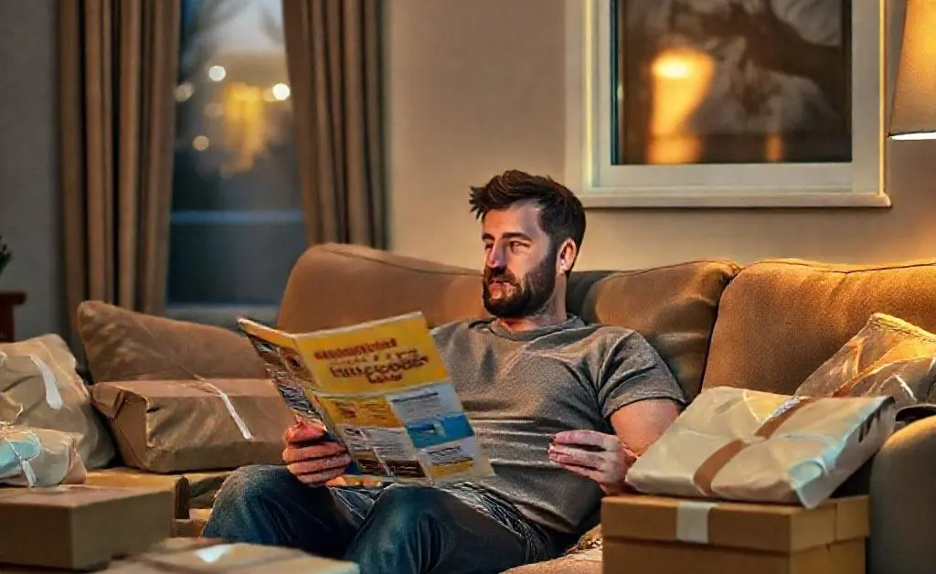Back home, Alex sits surrounded by unopened packages, contemplating a brochure labeled