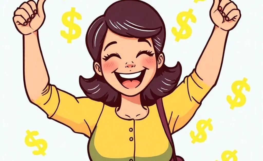 Cartoon woman smiling triumphantly while sticking to a budget plan, surrounded by cheerful dollar signs.