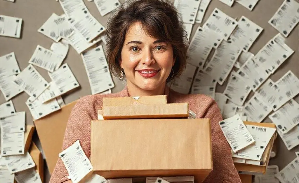 A woman with a pile of packages, surrounded by return receipts