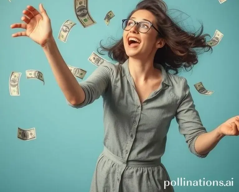 A humorous vision of currency notes flying away from the woman