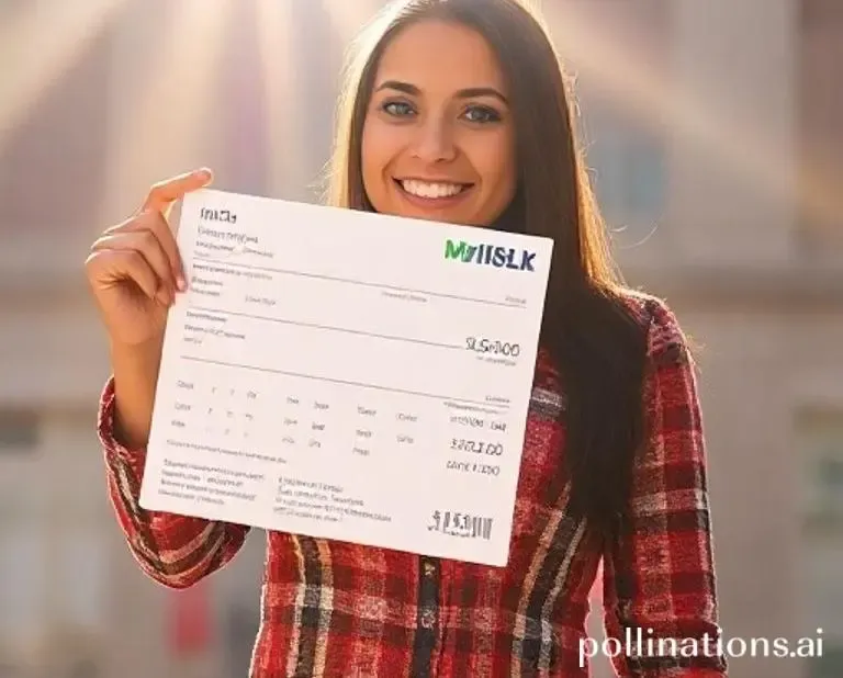 Mia proudly displaying a revised credit card bill, striking a victory pose while standing under a sunbeam