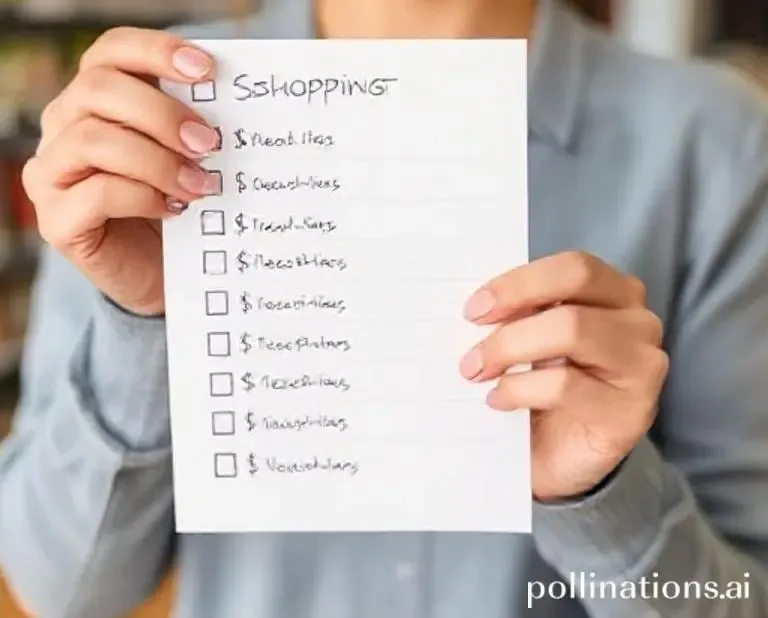 A woman happily crossing items off a short shopping list with a dollar sign beside each item