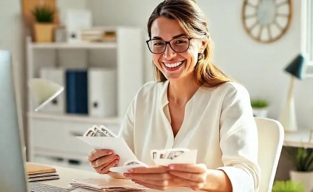 Same woman smiling and placing cash into labeled envelopes at a tidy desk