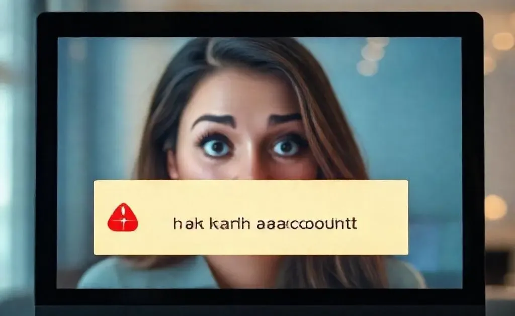 A screen displaying a bank account alert, woman in the background, wide-eyed