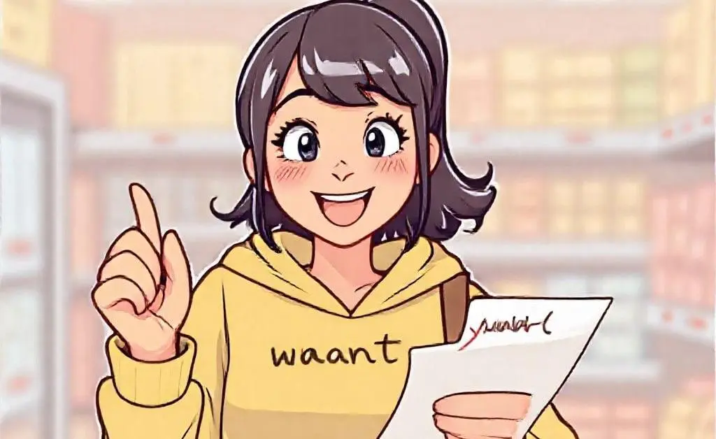 Mia triumphantly crossing off a 'want' from her shopping list.