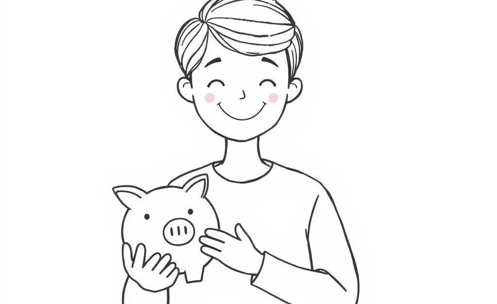 Woman looking proud with a small pile of packages and a savings piggy bank