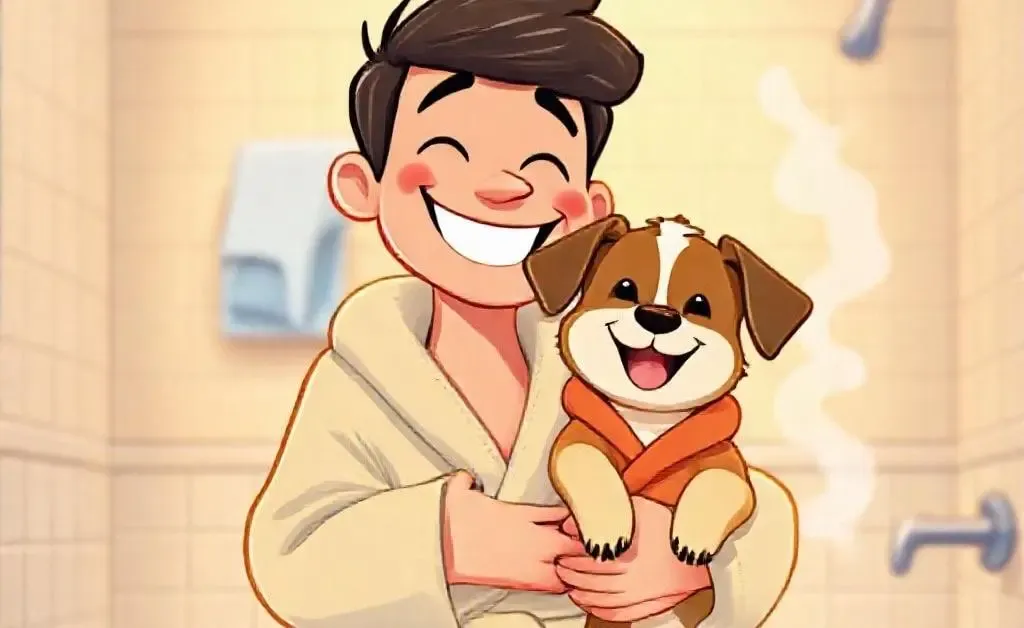 Cartoon man holding his dog while both wear bathrobes, grinning