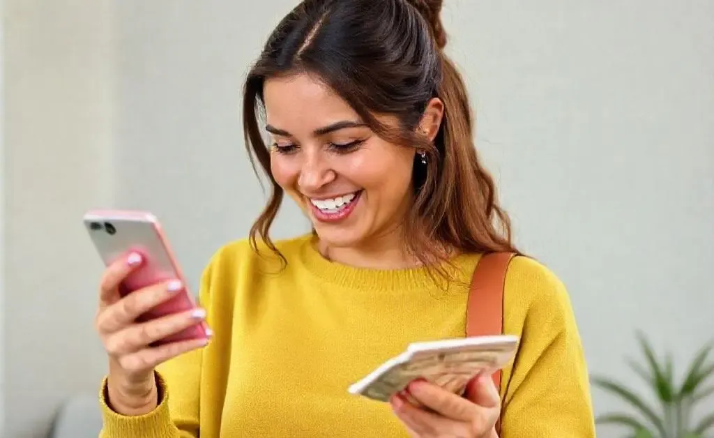 Mia triumphantly checking her healthy bank balance on her phone