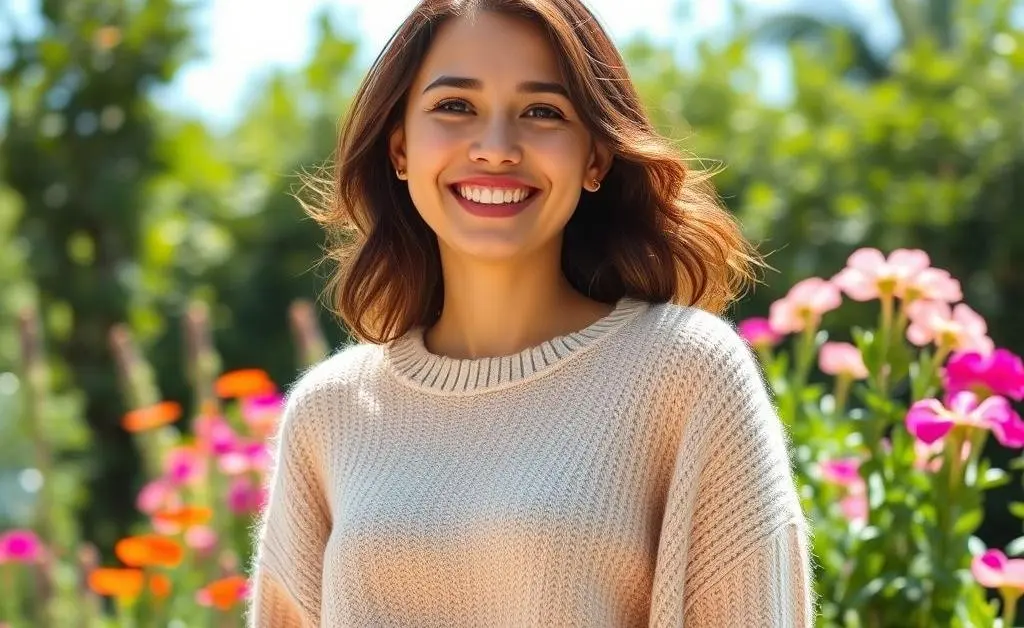 A woman happily walking away from her computer, a small but satisfied smile on her face