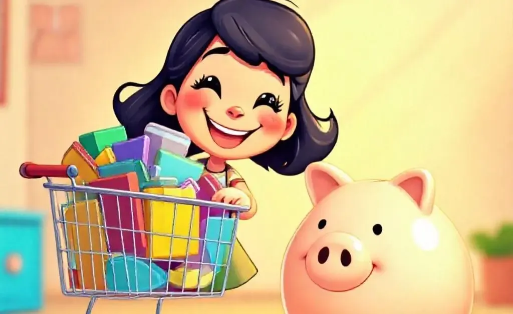 A happy woman with a smaller online shopping cart and fat piggy bank
