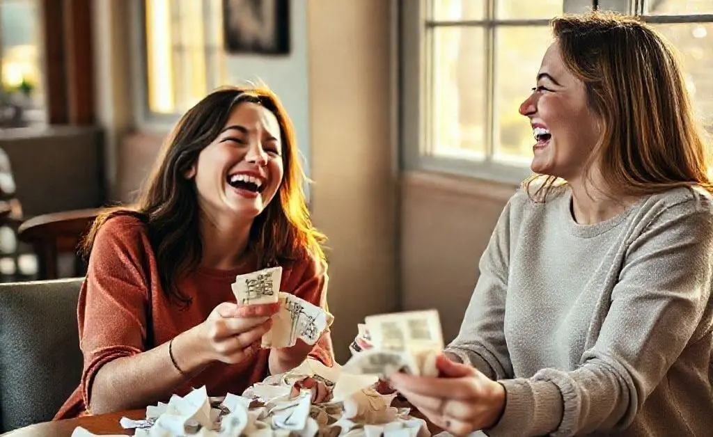 Two friends laughing over their mistakes, tearing up bills and putting together a savings plan