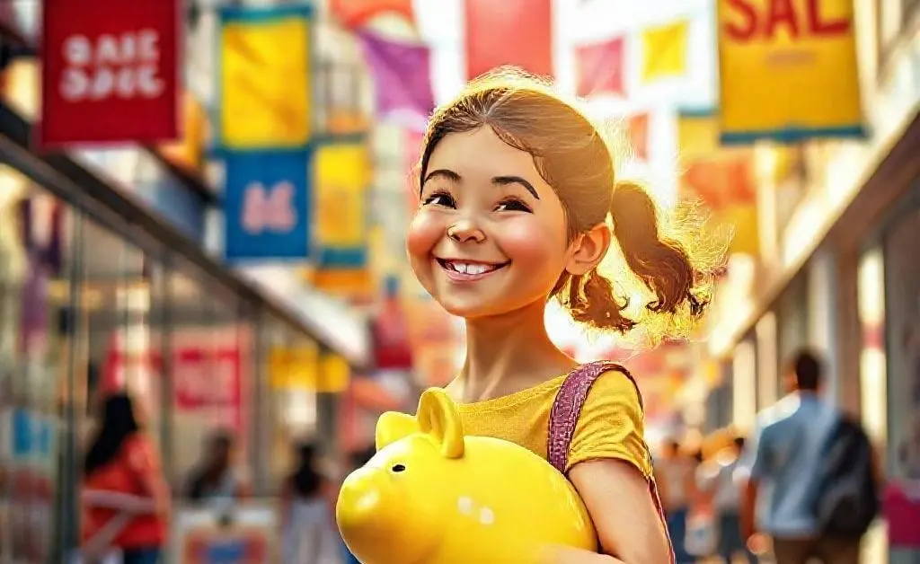 Mia happily ignoring sales, securing a piggy bank