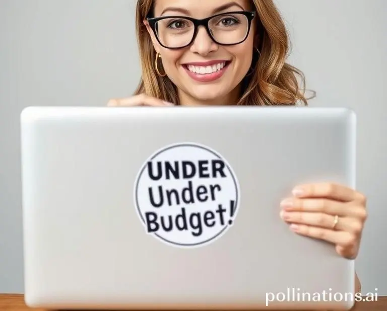 Mia proudly closing her laptop with a sticker saying 'Under Budget!'