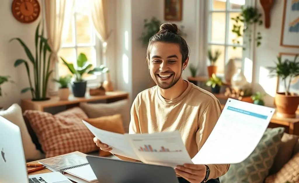Woman happily planning her budget with a positive expression