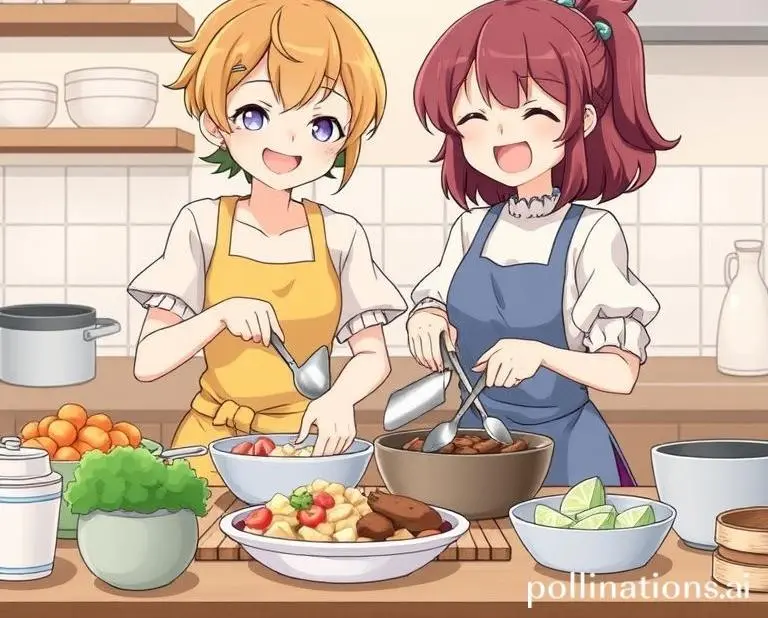 Both characters cheerfully preparing a homemade meal