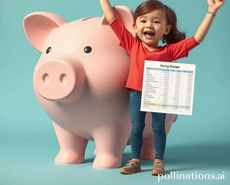 Mia triumphantly standing beside a giant piggy bank, holding a savings spreadsheet