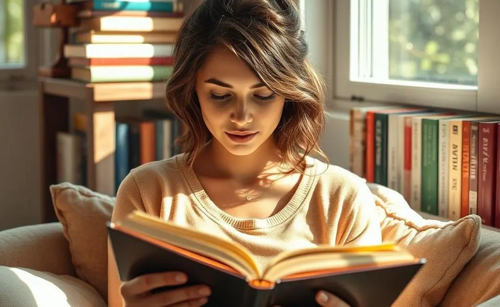 A woman surrounded by packages, reading a budgeting book with a light bulb above her head