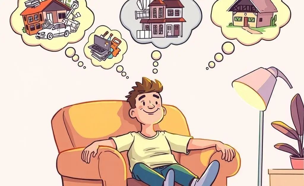 A cartoon character relaxing in a park, daydreaming with a thought bubble showing a happy future