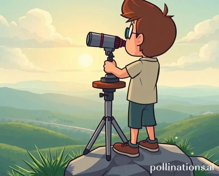 Cartoon-style character picturing future goals through a telescope from a hilltop.