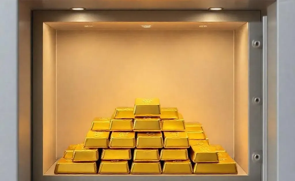 A stack of gold bullion bars inside an open safe
