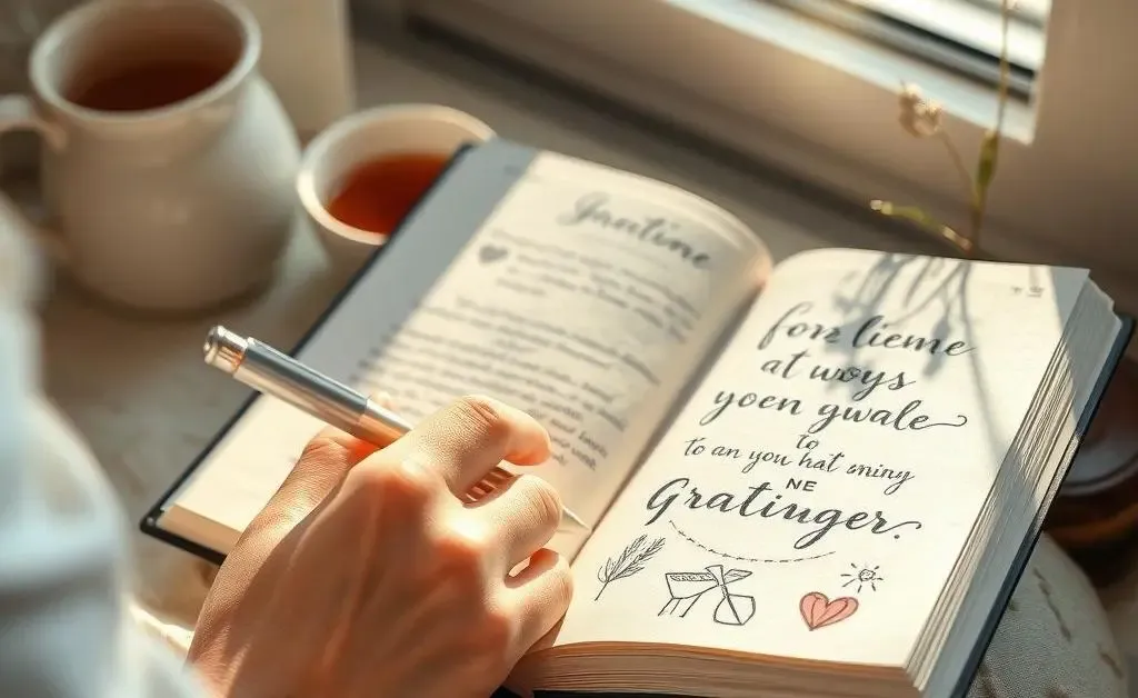 Close-up of a person writing in a gratitude journal with a soft ambient light in the background.