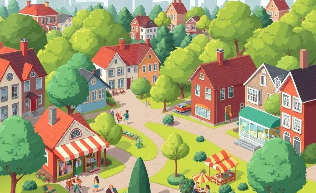 A charming street market scene with people happily picking fresh produce, drawn in a cartoon style
