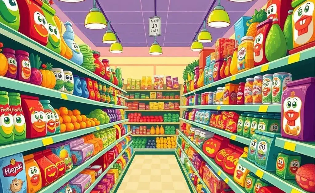 Illustration of grocery items with price tags