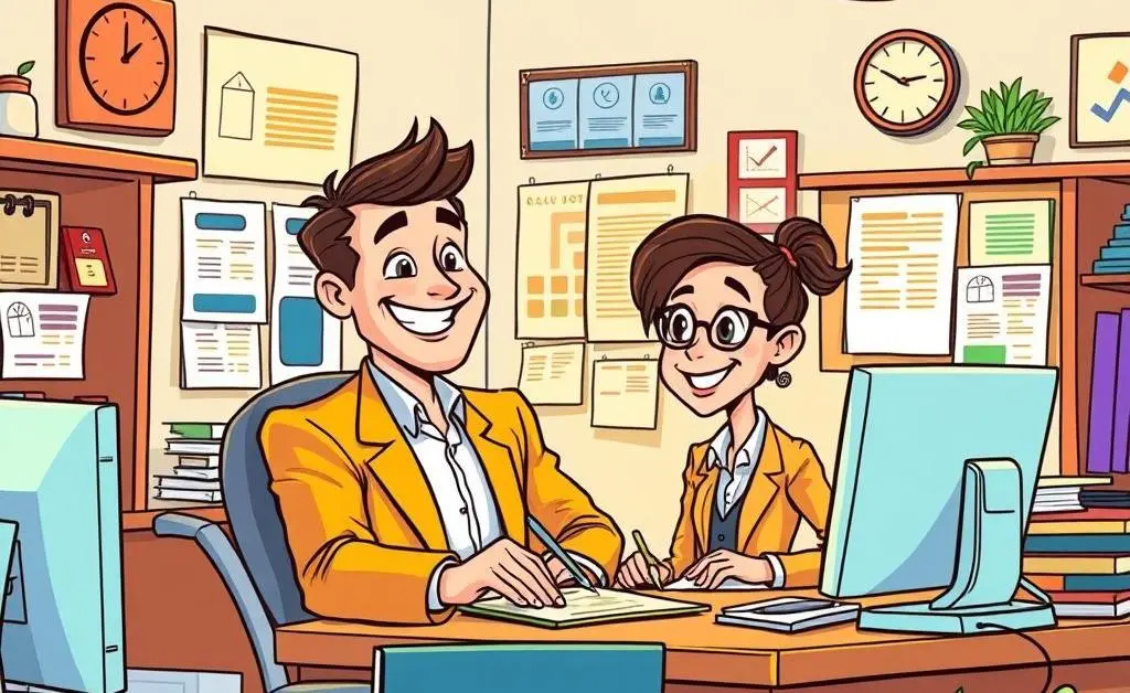 A happy insurance agent at a desk surrounded by client files and a computer.