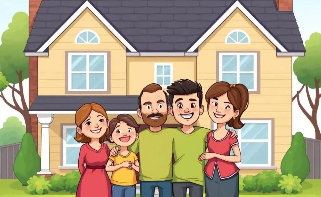 Cartoon-style family standing in front of their new home.