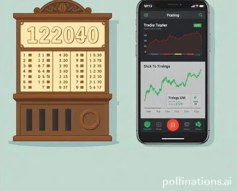 Illustration comparing a 1920's stock ticker and a modern trading app