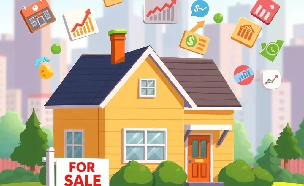 Cartoon representation of real estate investment with a miniature home and keys.