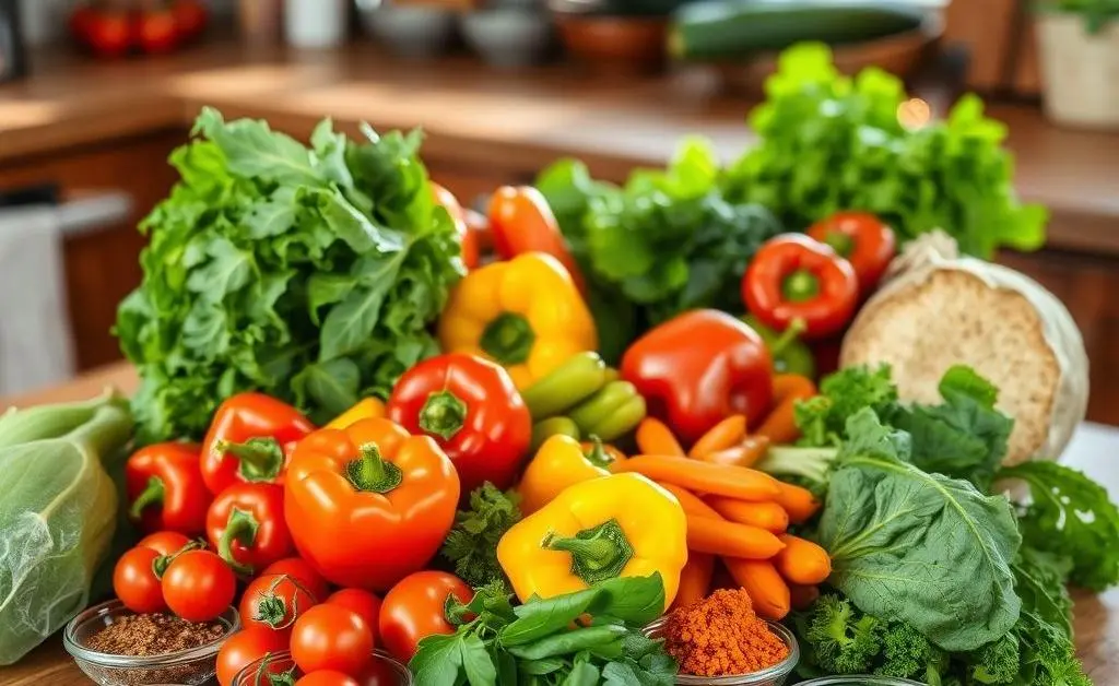 A beautifully plated nutritious meal on a dining table with fresh vegetables and herbs.