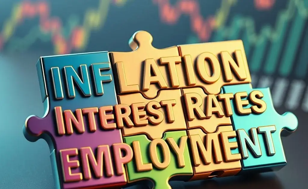 A jigsaw puzzle with pieces labeled inflation, interest rates, and economy.