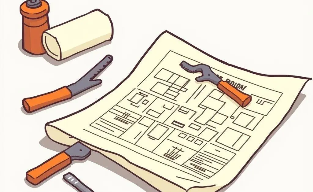 A cartoon image of a casual homemade survey plan laying on a wooden table.