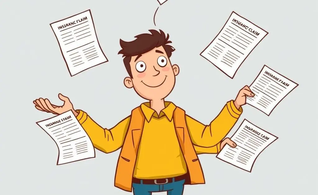 Cartoon of a person juggling papers labeled 'insurance' with a puzzled look.