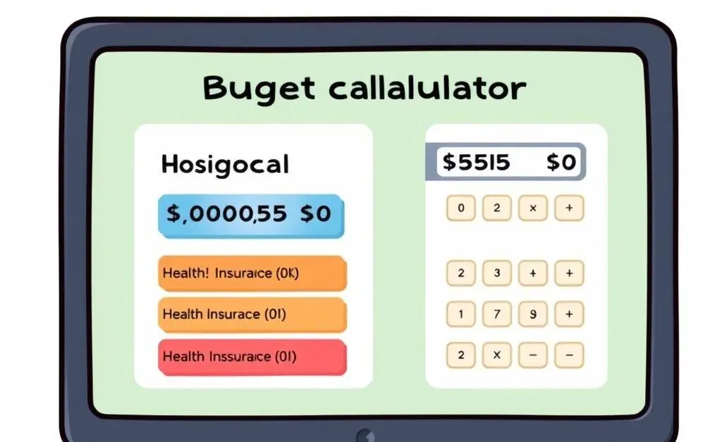 Cartoon-style close-up of a health insurance card next to a calculator on a desk