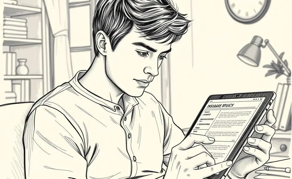 Illustration of a person comparing insurance policies using a tablet.