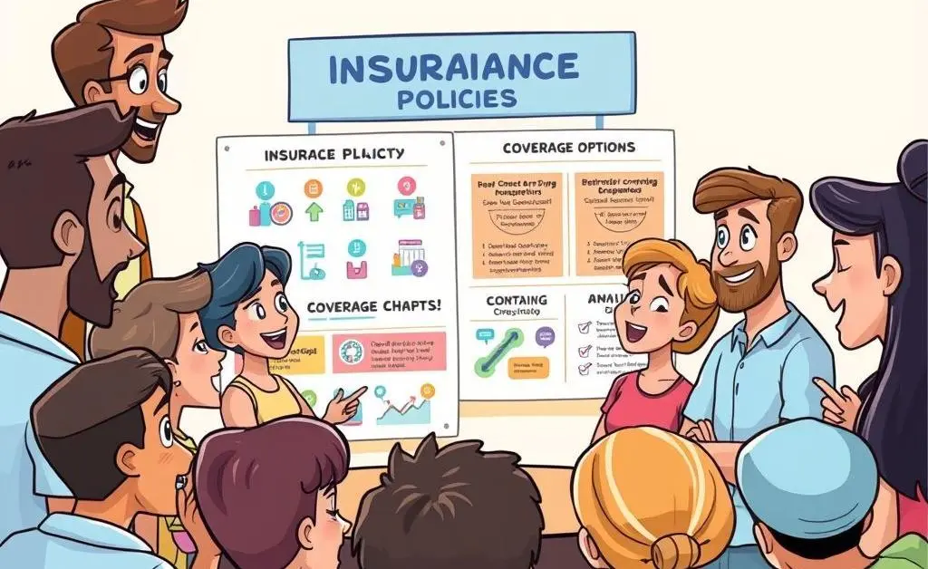 Group of animated characters in a meeting room discussing insurance policies.