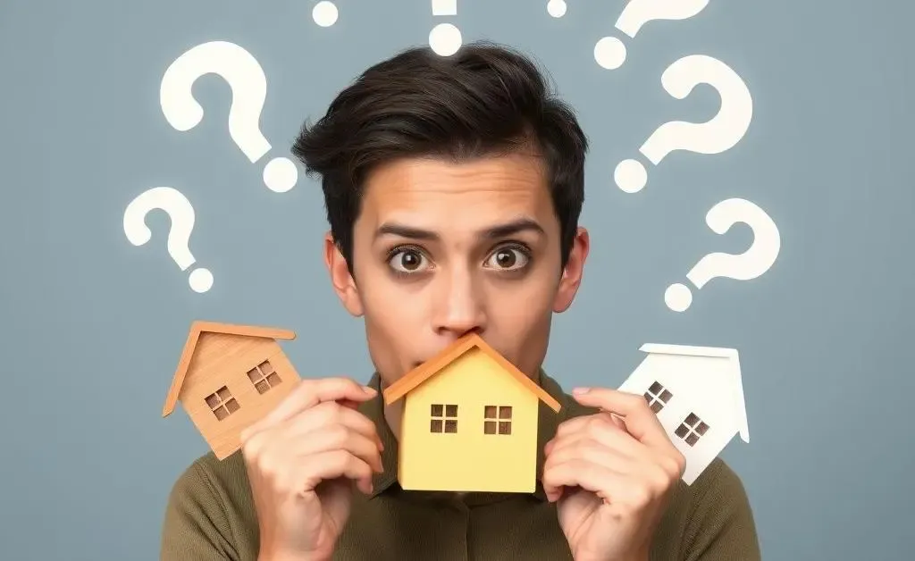 A thoughtful person sitting on a couch, surrounded by question marks, pondering life insurance choices.